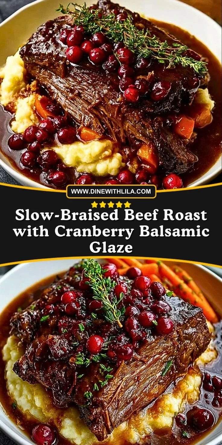 Slow-braised beef roast with cranberry balsamic glaze served on a plate
