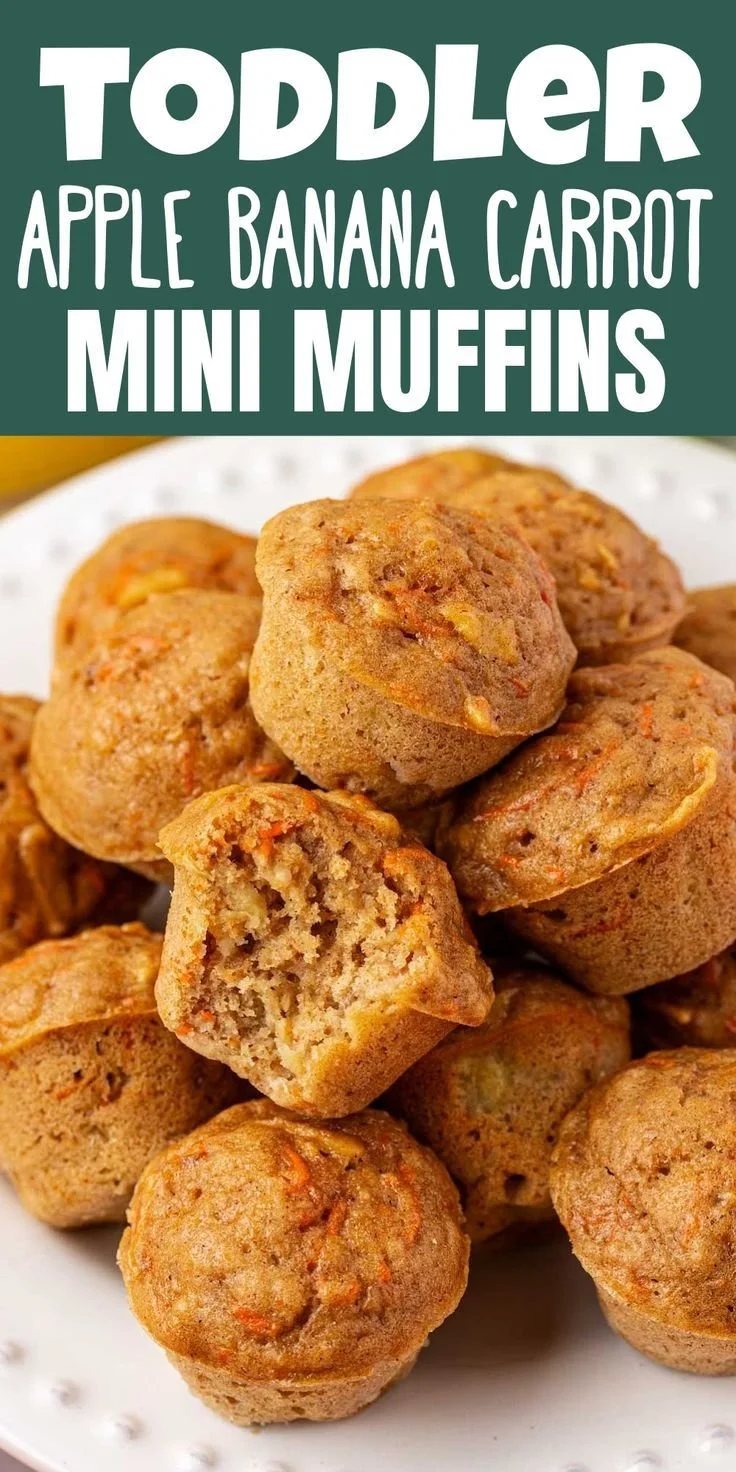 Baked ABC mini muffins with apple, banana, and carrot flavors, perfect for healthy snacking.