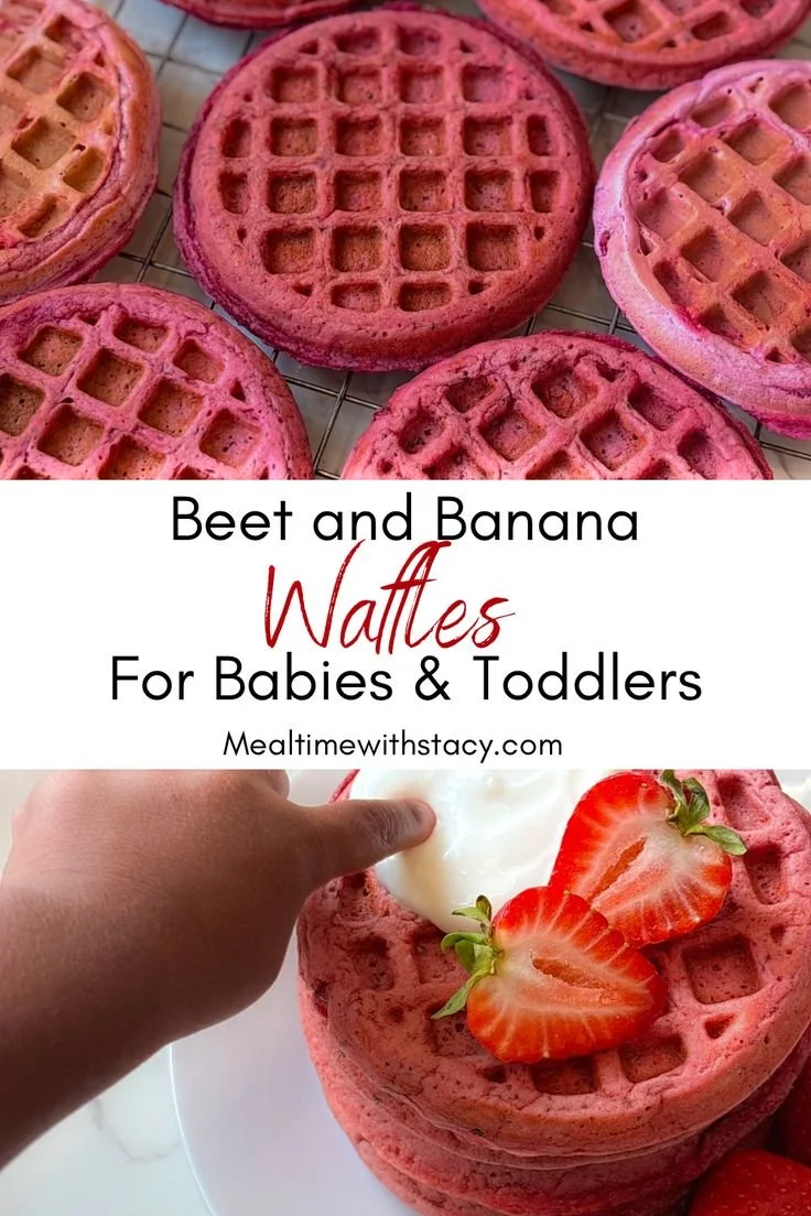 Delicious beet and banana waffles on a plate, perfect for kids meals.