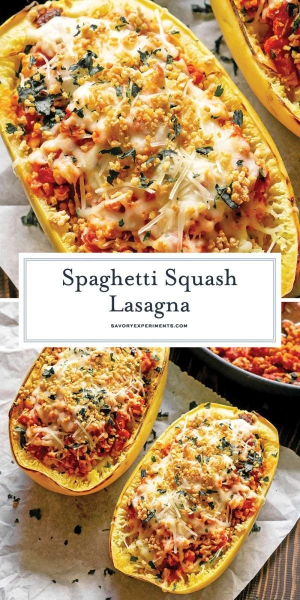 Delicious spaghetti squash lasagna topped with cheese and fresh herbs
