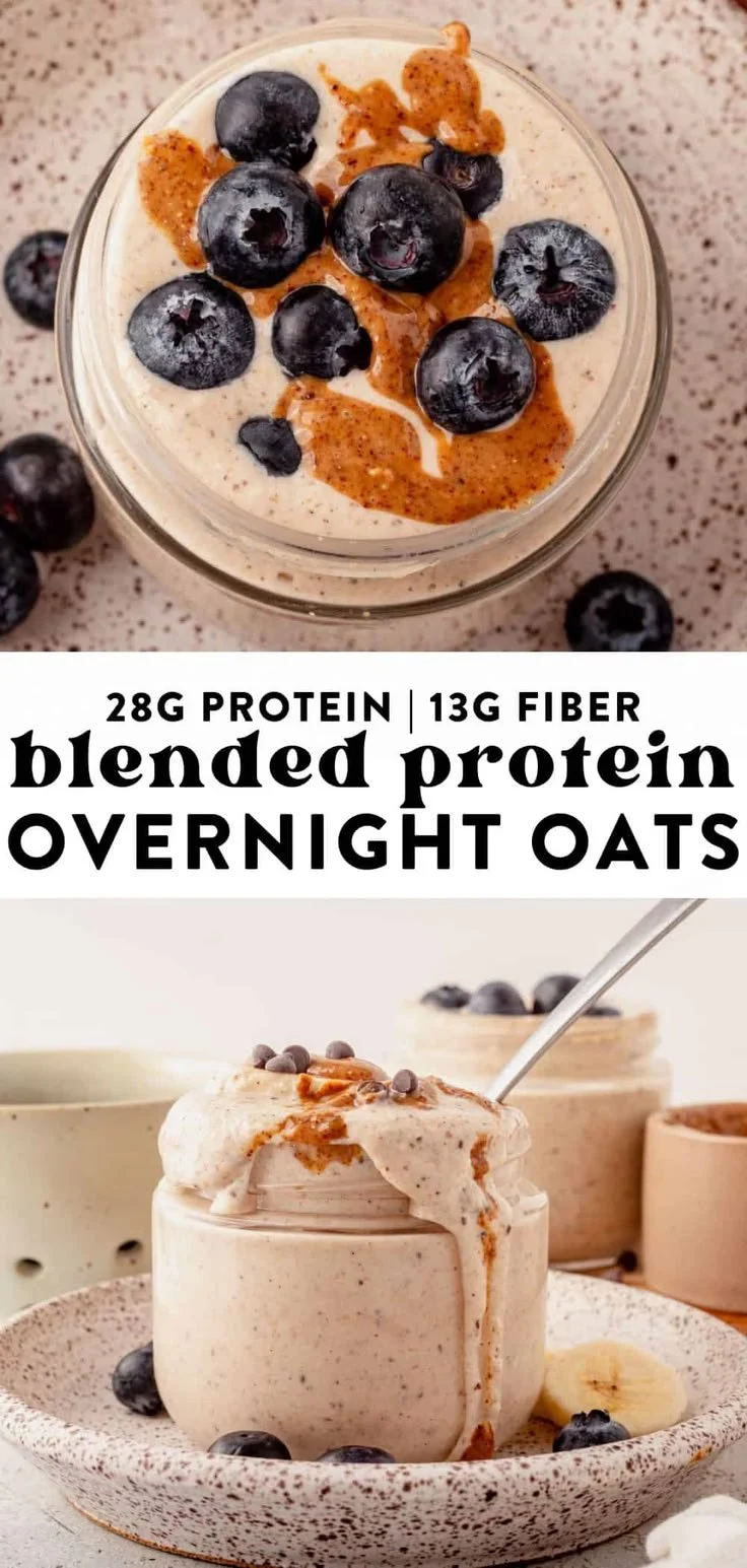 Delicious blended overnight oats topped with fruits and nuts in a bowl.