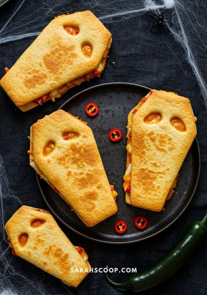 Spooky Coffin Quesadillas filled with cheese and toppings