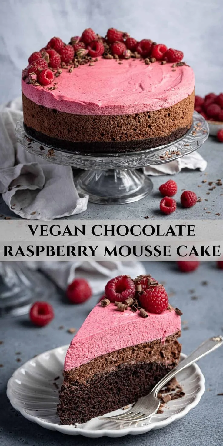 Decadent vegan chocolate raspberry mousse cake topped with fresh raspberries