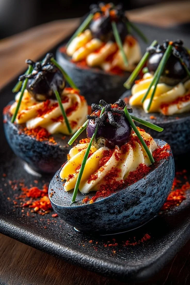 Creepy deviled eggs, a spooky appetizer for Halloween party guests.