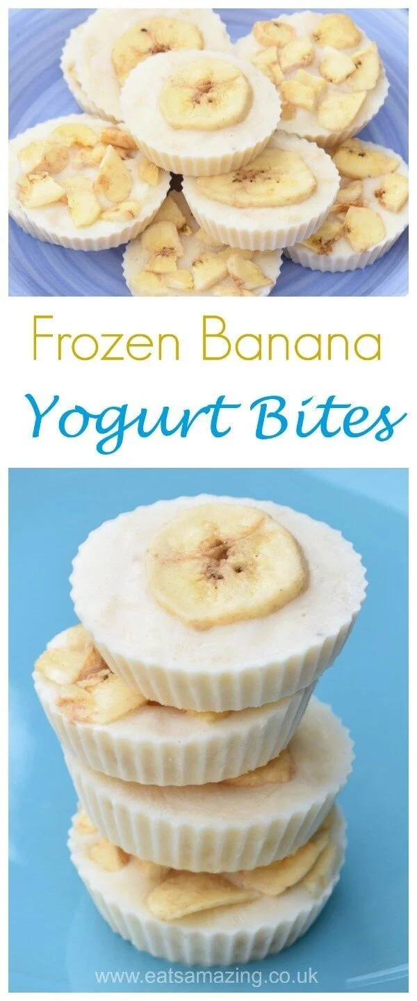 Frozen banana yogurt bites on a plate, a healthy snack for kids and adults