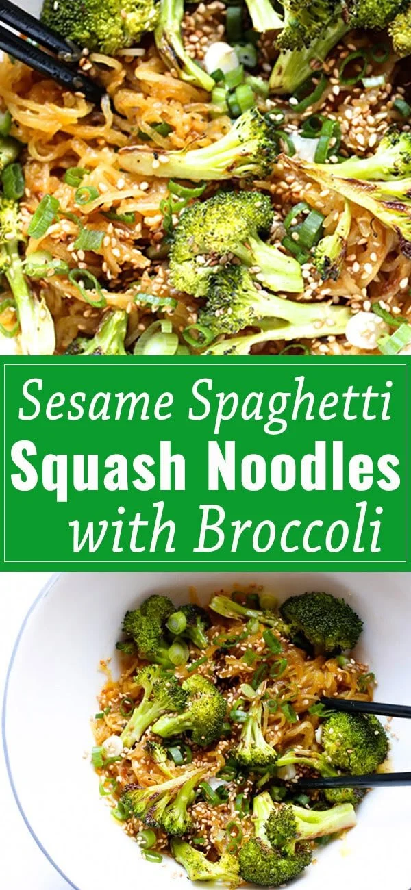 Healthy sesame spaghetti squash noodles topped with broccoli in a bowl.