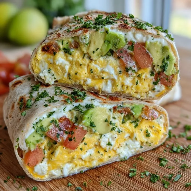 High-protein breakfast wrap with cottage cheese, avocado, and fresh ingredients.