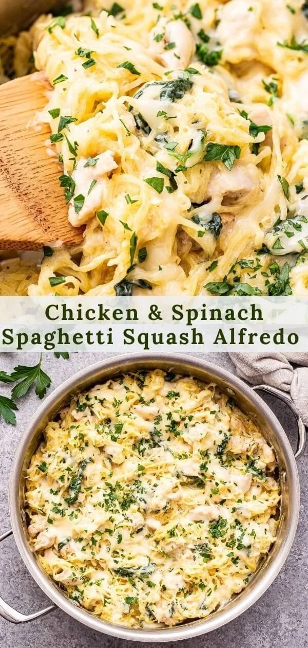 Light chicken spinach spaghetti squash dish featuring healthy ingredients.