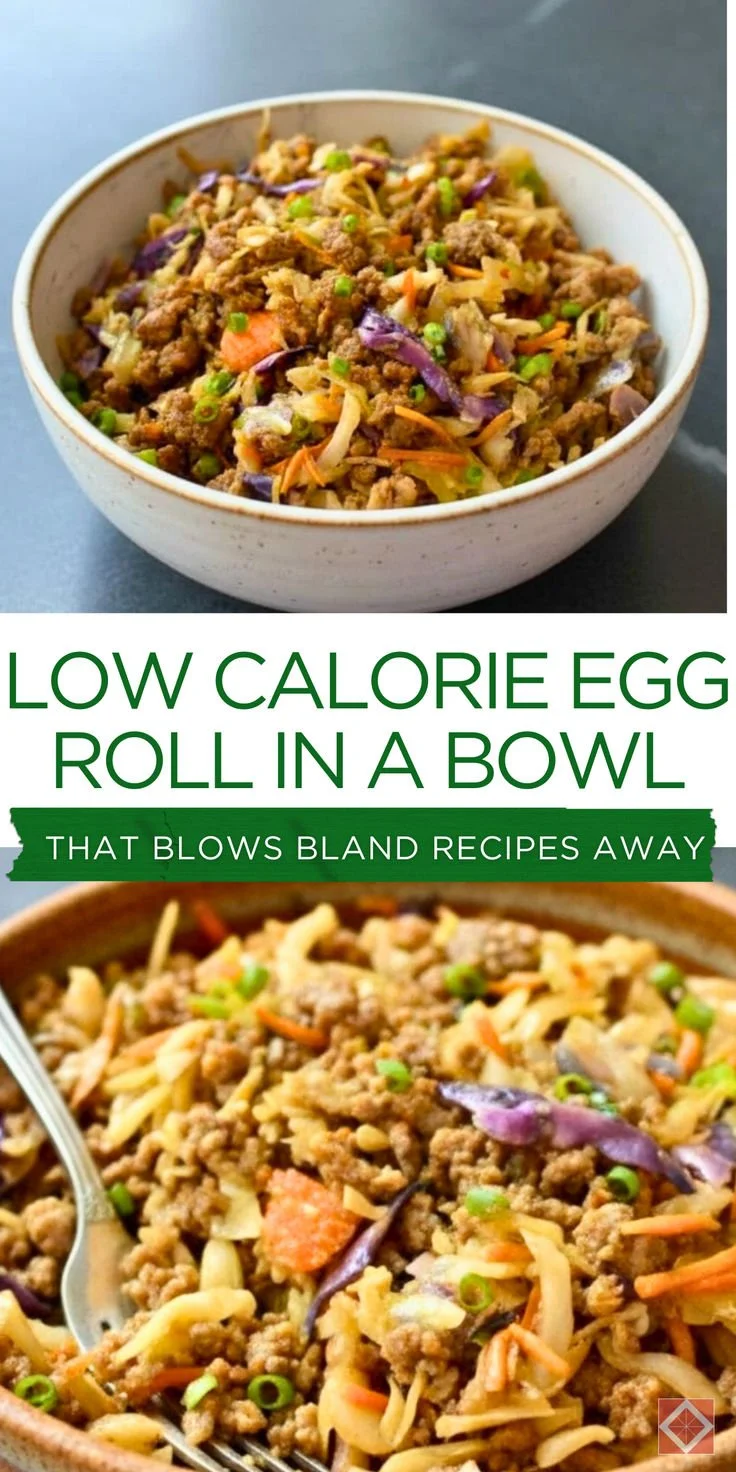 A delicious low calorie egg roll bowl filled with colorful vegetables and protein.