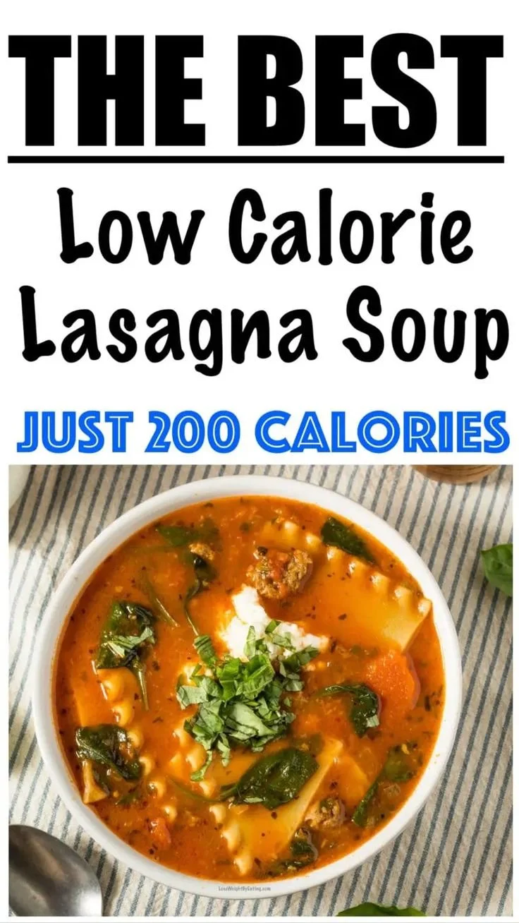 Delicious low-calorie lasagna soup garnished with herbs in a bowl.