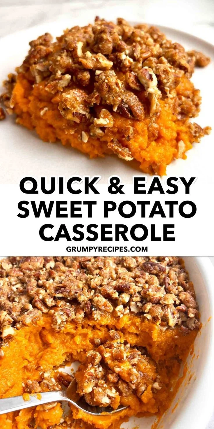Delicious quick and easy sweet potato casserole topped with crunchy pecans