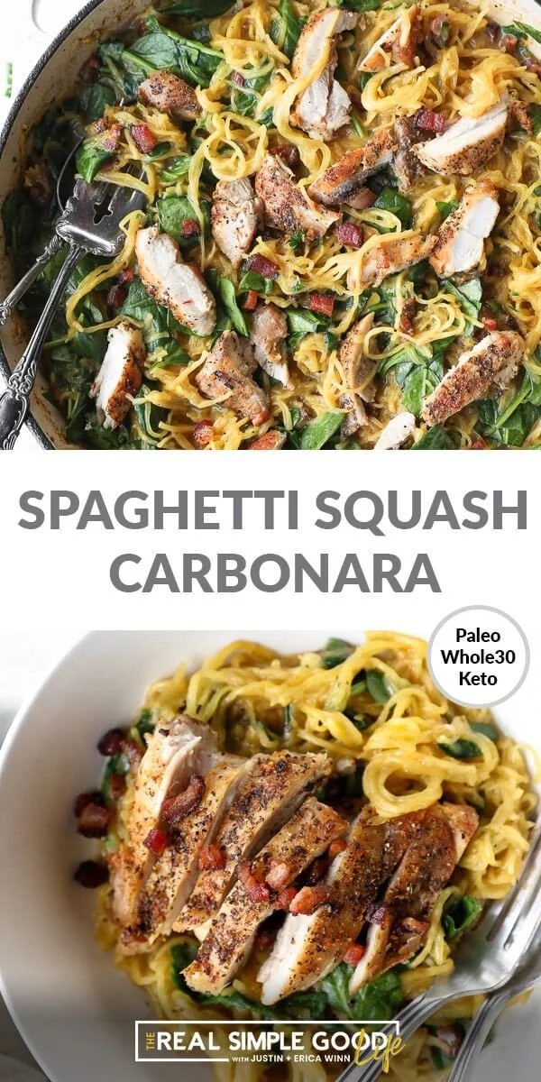 Plate of spaghetti squash carbonara with creamy sauce and crispy pancetta