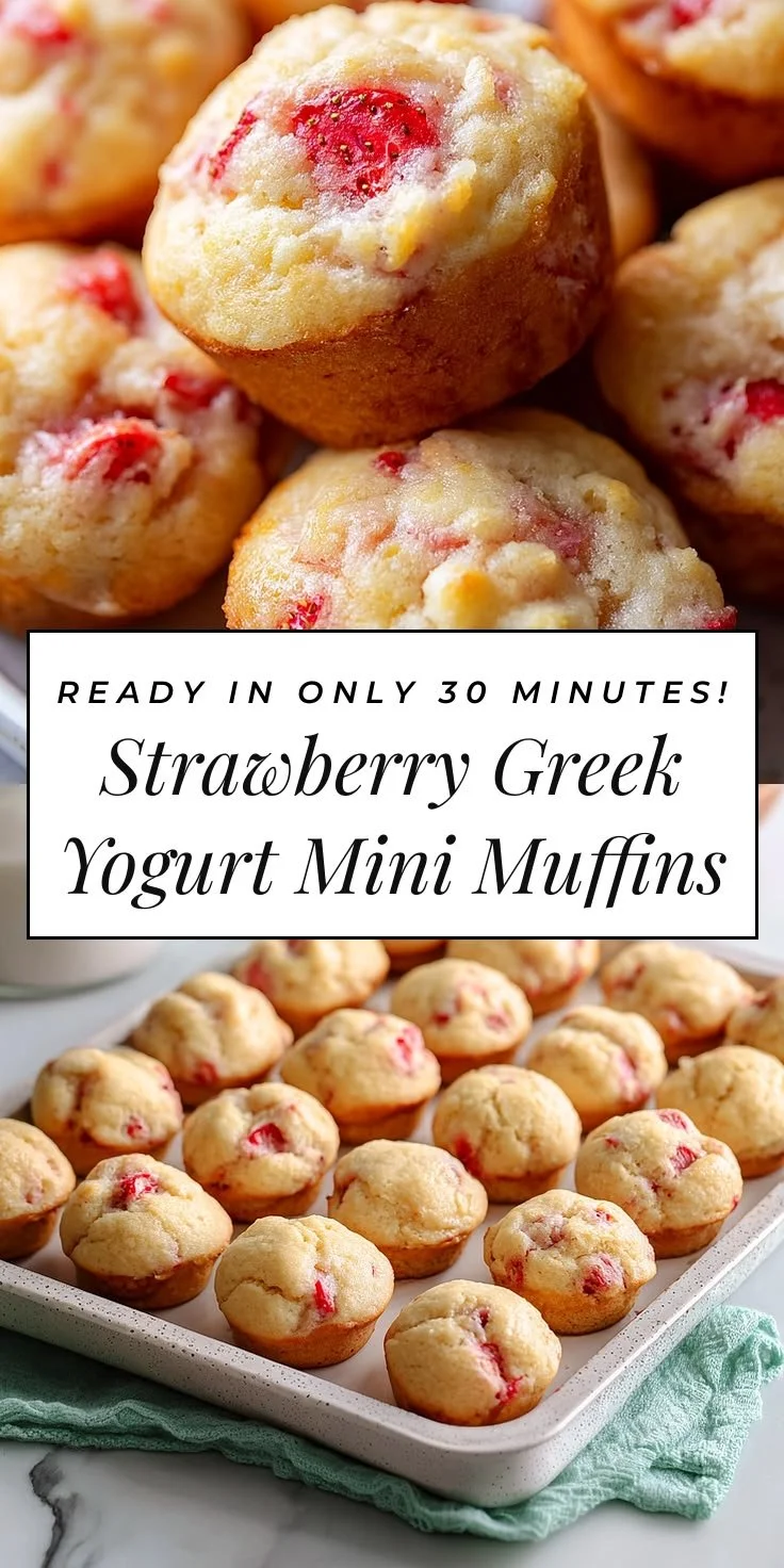 Freshly baked Strawberry Greek Yogurt Mini Muffins on a cooling rack