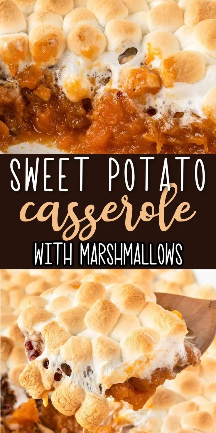 Sweet potato casserole topped with marshmallows for a festive holiday meal.