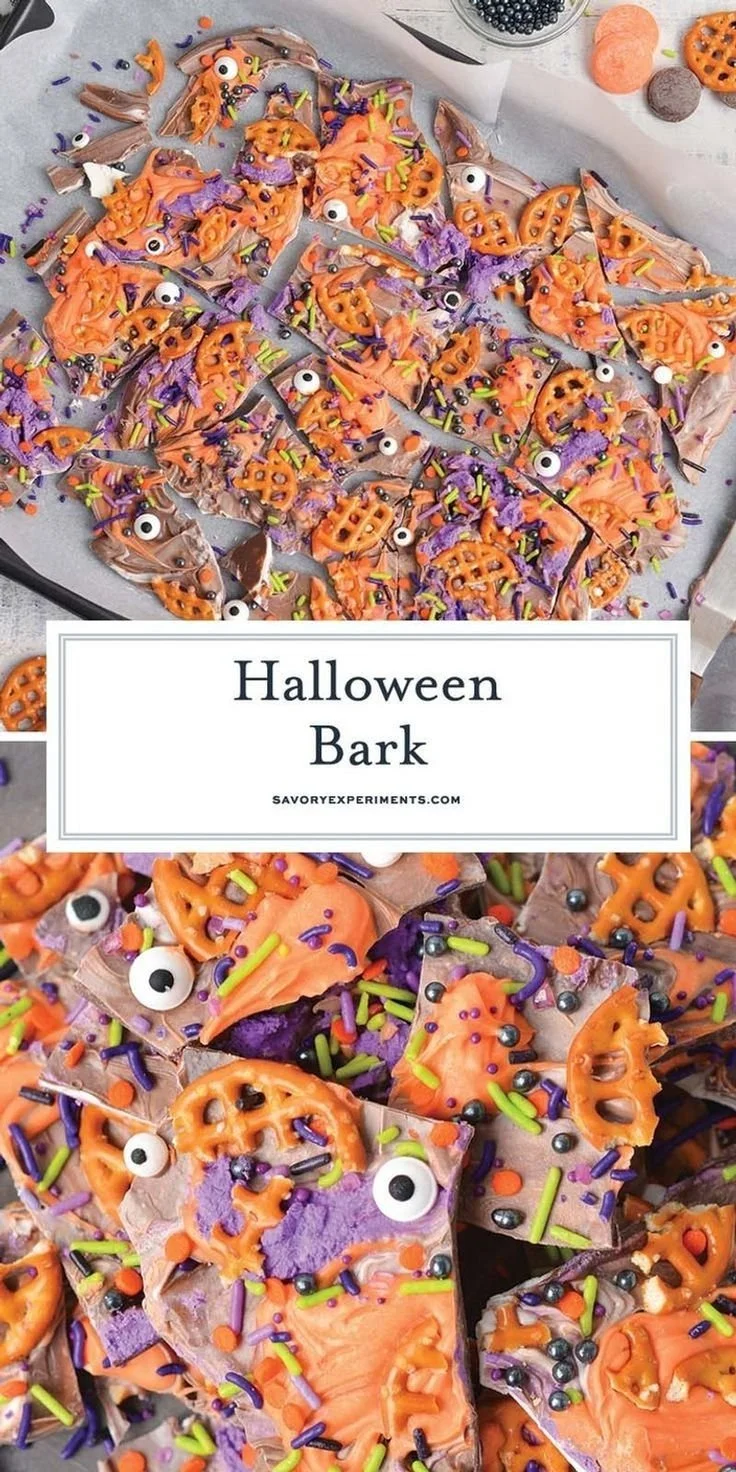 Delicious sweet and salty Halloween bark topped with festive treats.