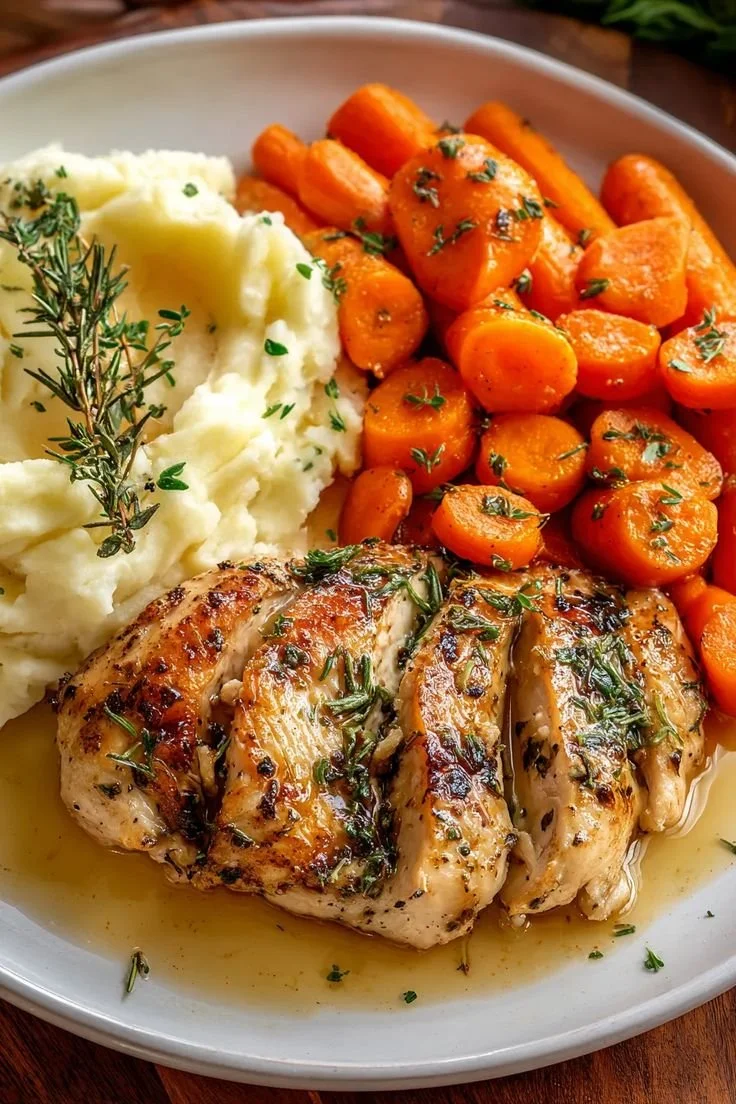 Cozy dinner plate with chicken breast, carrots, and mashed potatoes for a warm meal