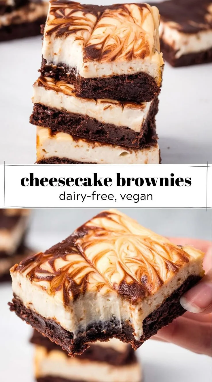 Delicious vegan cheesecake brownies layered with rich chocolate and creamy filling.