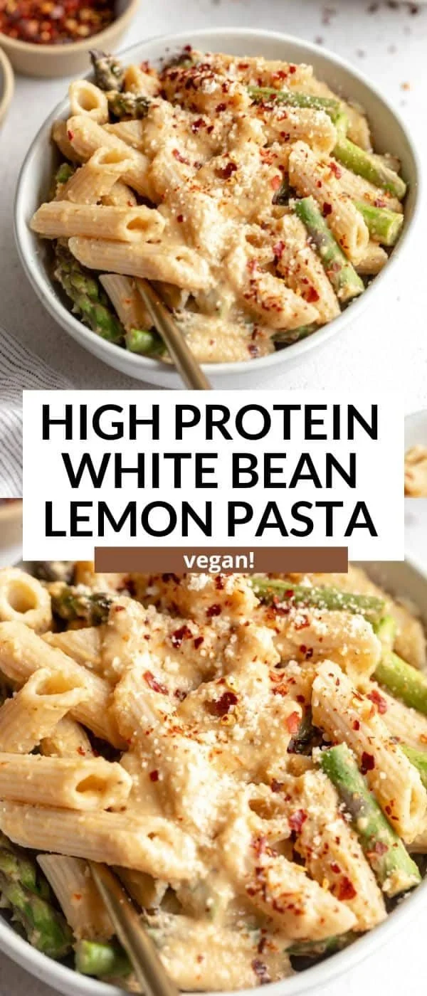 Delicious Vegan Lemon White Bean Pasta garnished with fresh herbs.