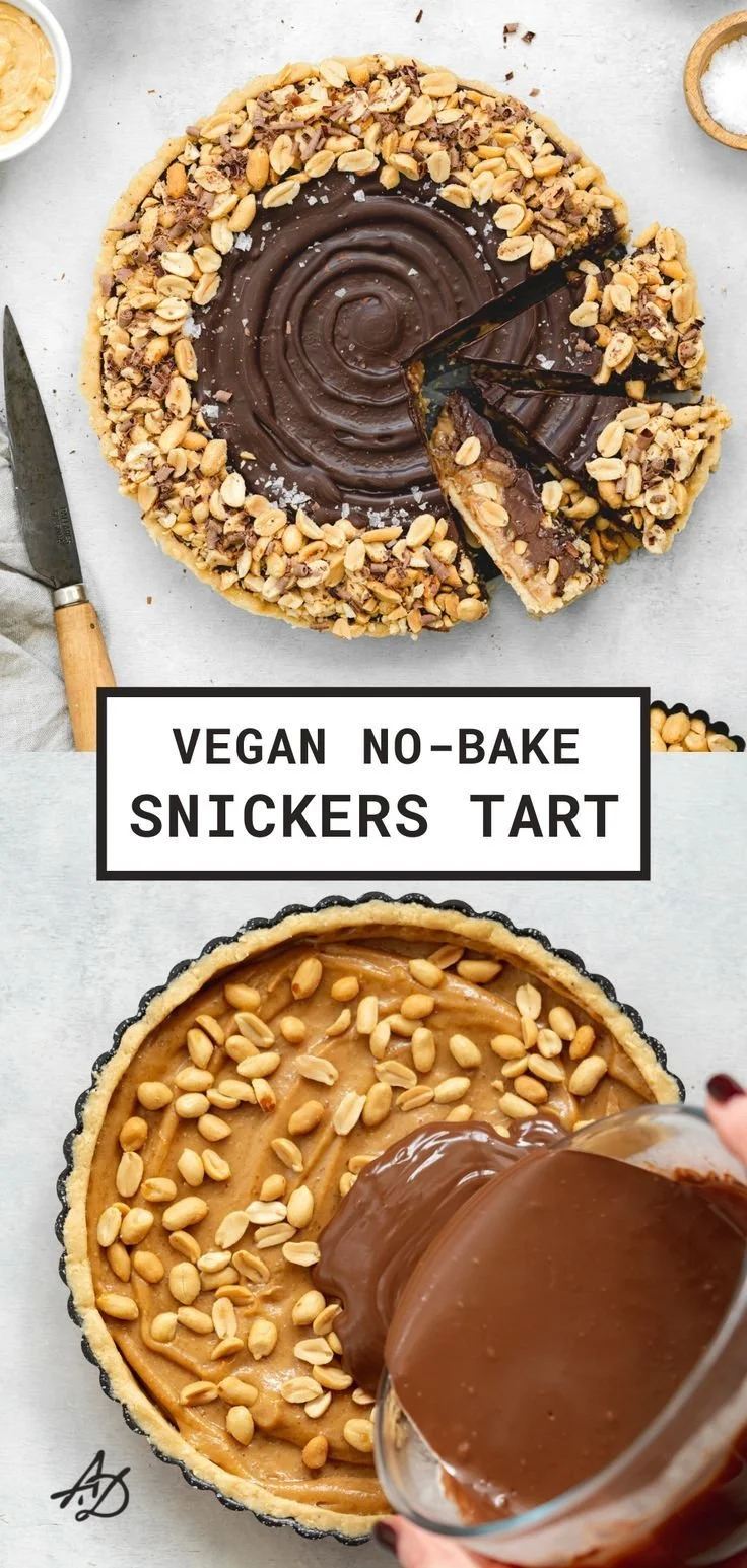 Slice of Vegan Snickers Tart on a plate with chocolate and nuts garnish.