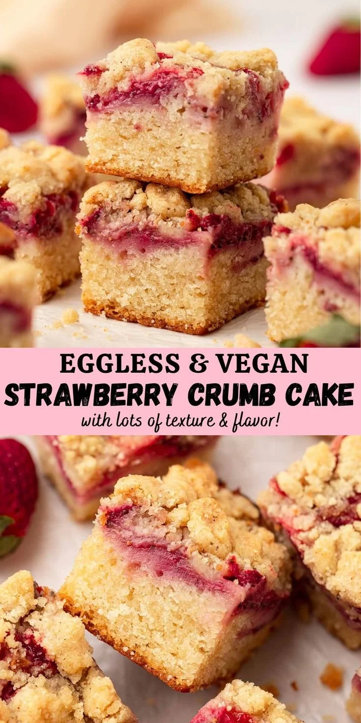 Slice of vegan strawberry crumb cake topped with crumbles and fresh strawberries.